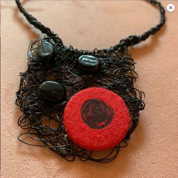 CREATION Black Wire Art Necklace with Red Fabric Accent & Black Beads - Picture 6 of 8